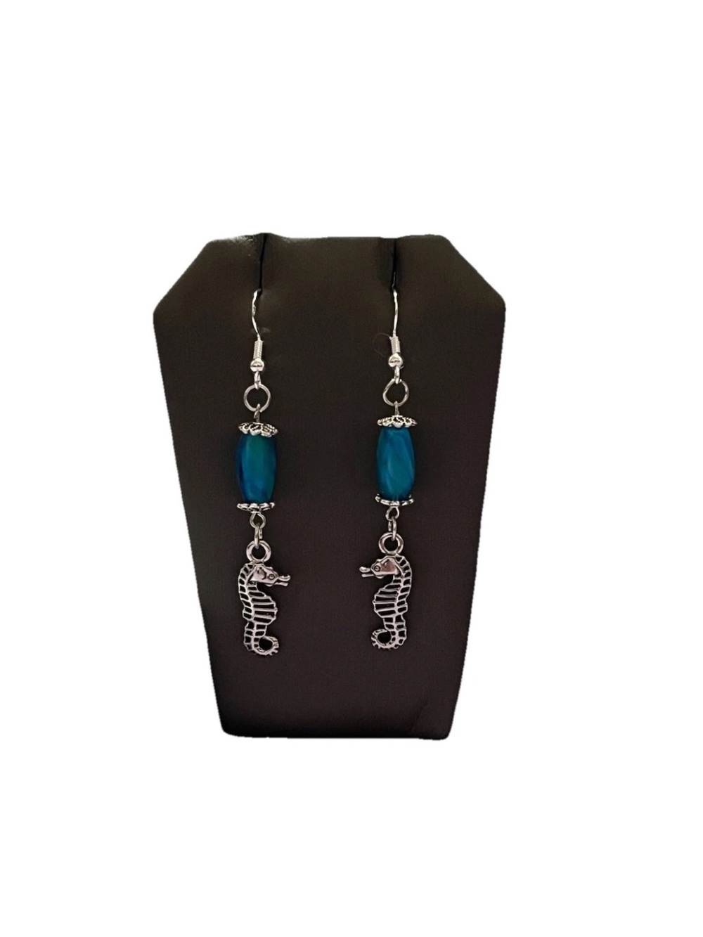 Handmade Silver Seahorse Charm Earrings Blue Beaded Drop Ocean Sea Life Jewelry